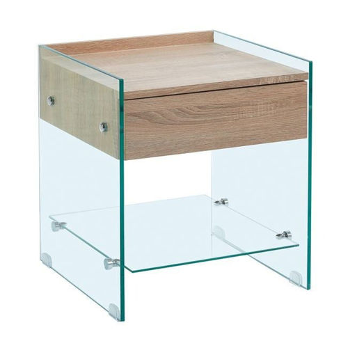 Picture of GLASSER Wood Κομοδίνο Διάφανο Γυαλί 10mm - με Συρτάρι Απόχρωση Δρυς   EM840,1