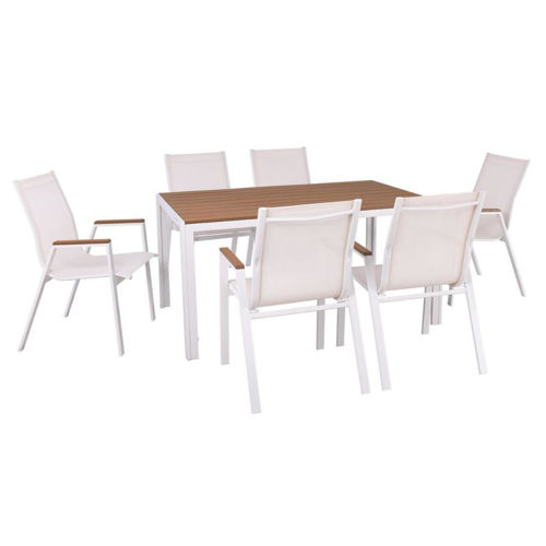 Picture of VIRNA Set Τραπεζαρία: Τραπέζι + 6 Πολυθρόνες, Μέταλλο Βαφή Λευκό, Polywood Φυσικό  E6797,2S